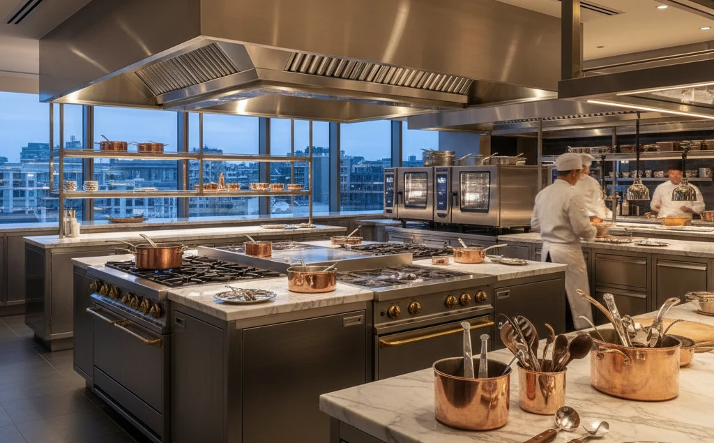 تجهیزات رستوران لاکچری با چیدمان حرفه‌ای آشپزخانه صنعتی