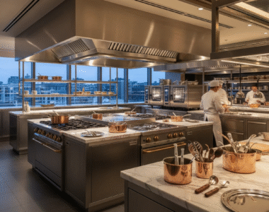 تجهیزات رستوران لاکچری با چیدمان حرفه‌ای آشپزخانه صنعتی