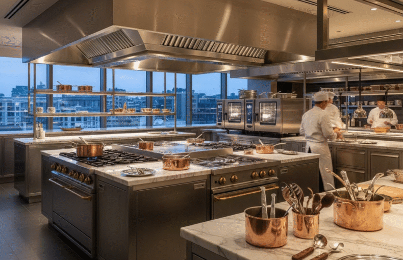 تجهیزات رستوران لاکچری با چیدمان حرفه‌ای آشپزخانه صنعتی