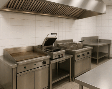 خط پخت برگر و ساندویچ در آشپزخانه صنعتی با گریل، سرخکن، توستر و میز کار استیل