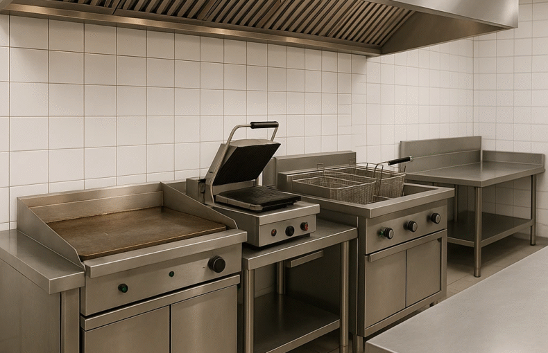خط پخت برگر و ساندویچ در آشپزخانه صنعتی با گریل، سرخ‌کن، توستر و میز کار استیل